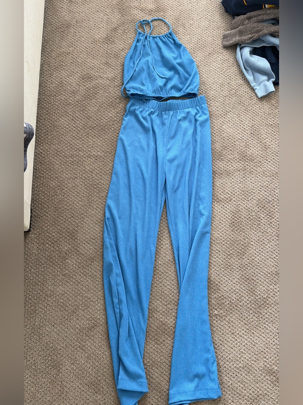 Kittenish Sky Blue Ribbed Flare Pants